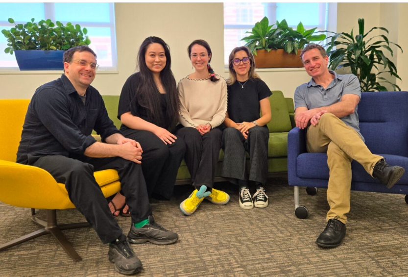 Sean Brenner/UCLA Humanities  Todd Presner (right) with members of his AI and Cultural Heritage Lab, postdoctoral researcher Ulysses Pascal, technical lead Aileen Tang, and graduate student researchers Anna Bonazzi and Sophia Toubian
